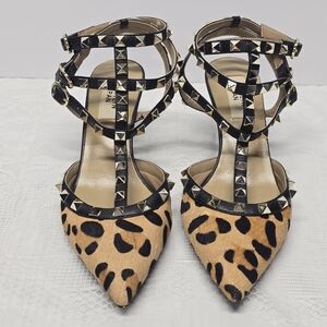 Kaitlyn Pan RockStud Slingback Kitten Heel Leopard Calf Hair Leather Pumps 7